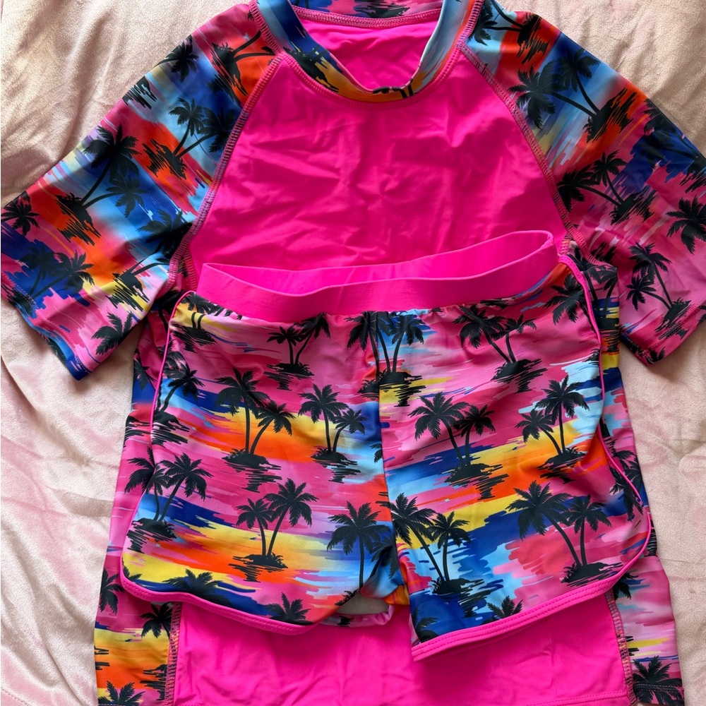 Kids’ Tropical Rash Guard & Swim Shorts Set – Pink Palm Print – Size 14T